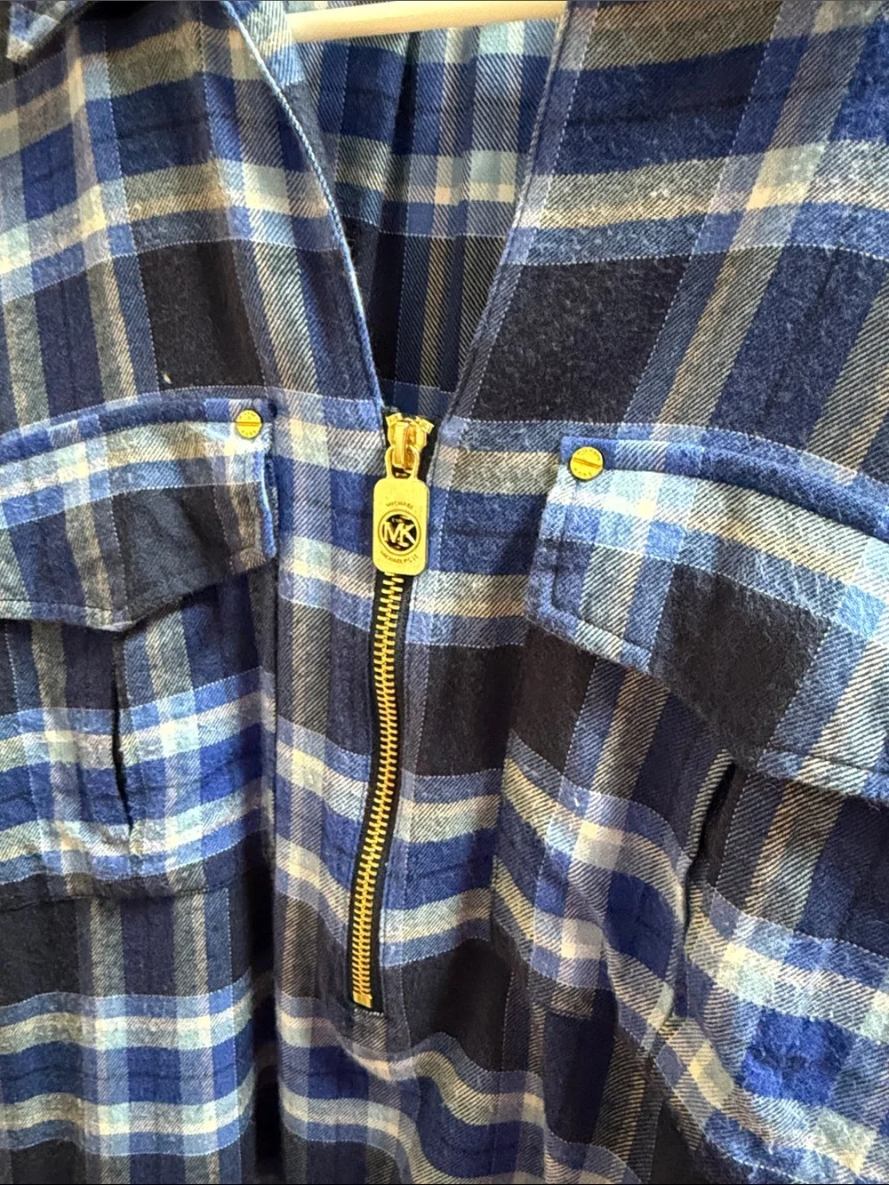 Michael Kors Navy and Light Blue Plaid Flannel 1/4 Zip-Front Shirt